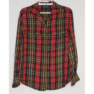 Lauren Ralph Lauren Womens Top 4 L/S‎ Red Green Plaid Rayon Collared Button Down